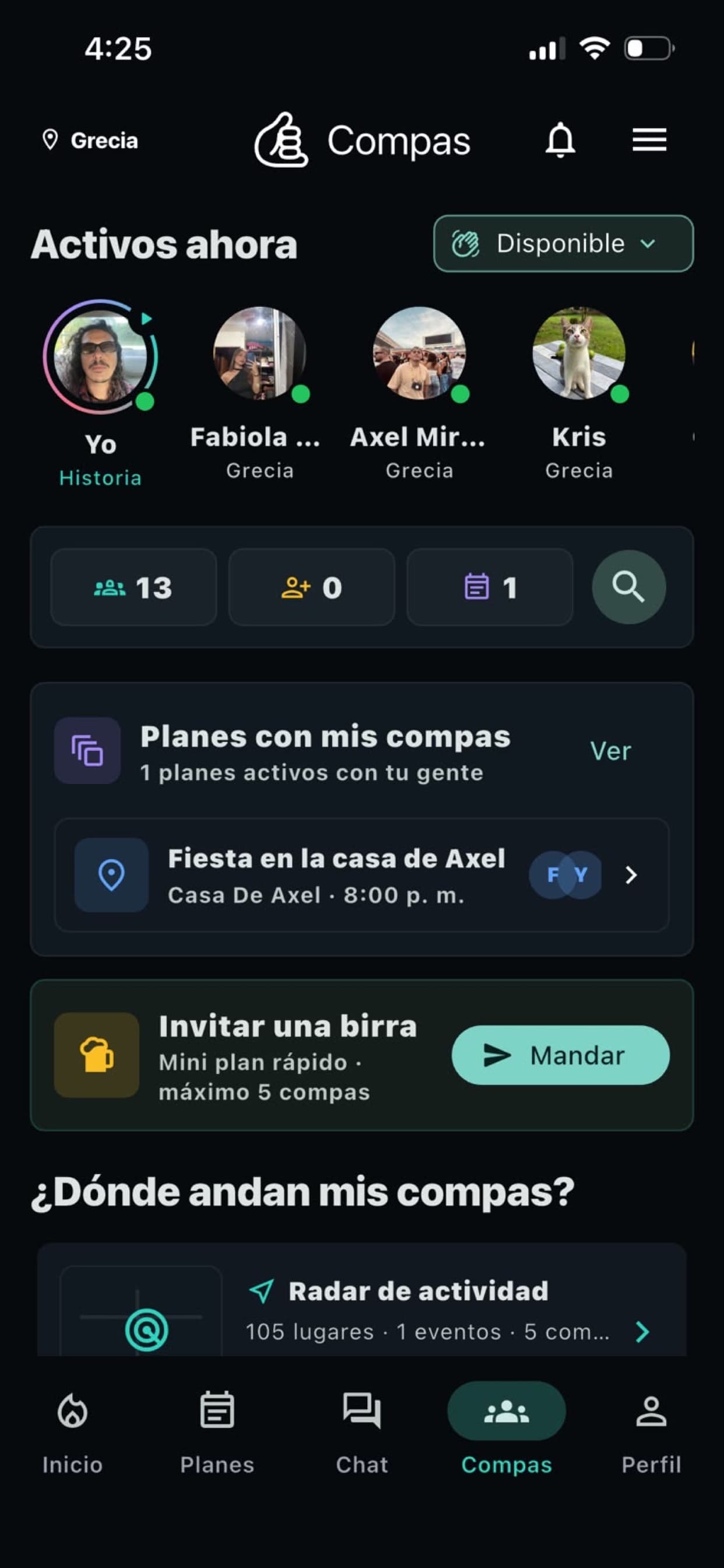 Planes activos y compas disponibles